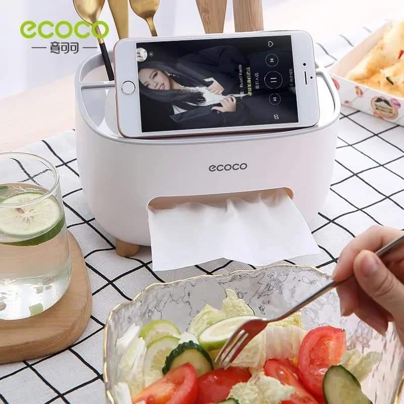 Ecoco Multipurpose Tissue Box Organizer with Storage Tray – ABS Plastic Desktop & Remote Control Holder (White)