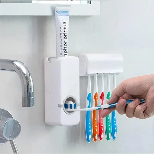 Wall Mounted Automatic Toothpaste Dispenser with 5-Slot Toothbrush Holder | No-Touch Bathroom Organizer