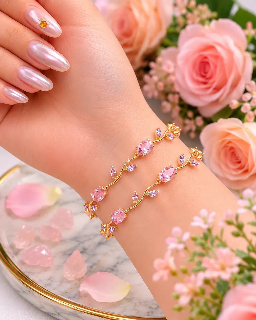Elegant Crystal Floral Charm Bracelet Set for Women – 2 Pcs Adjustable Gold & Silver Plated Fashion Bracelets