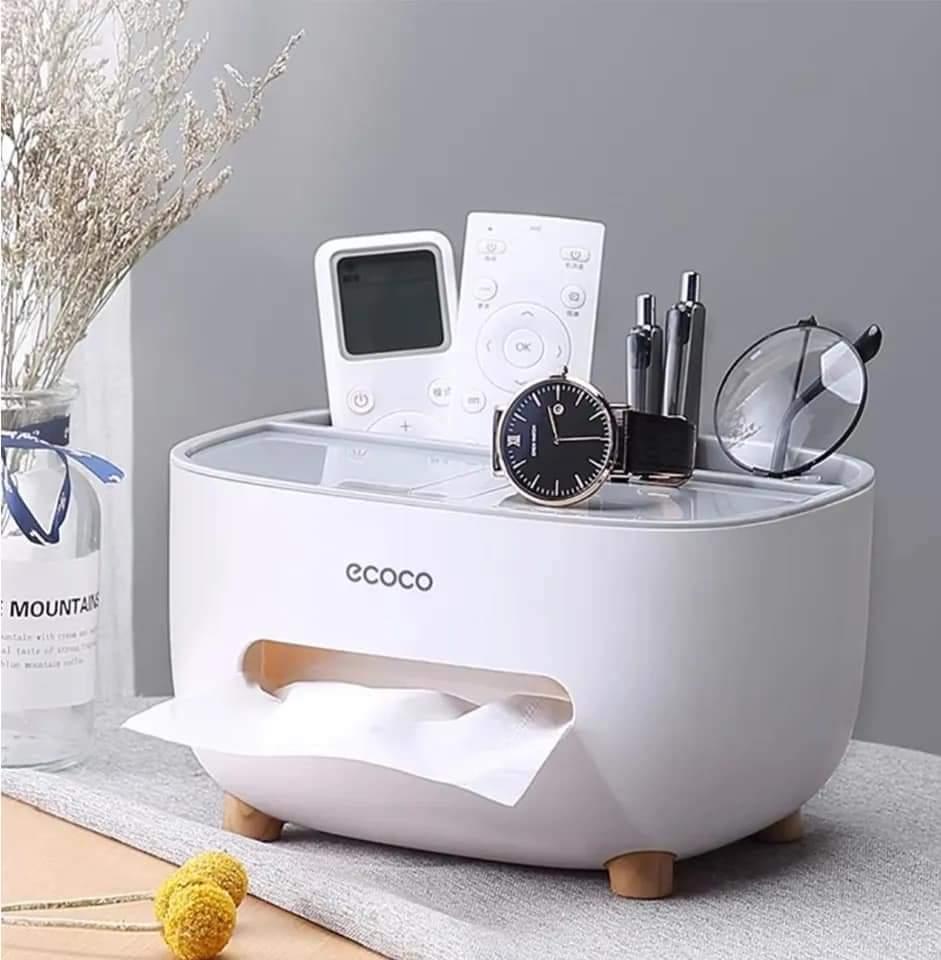 Ecoco Multipurpose Tissue Box Organizer with Storage Tray – ABS Plastic Desktop & Remote Control Holder (White)