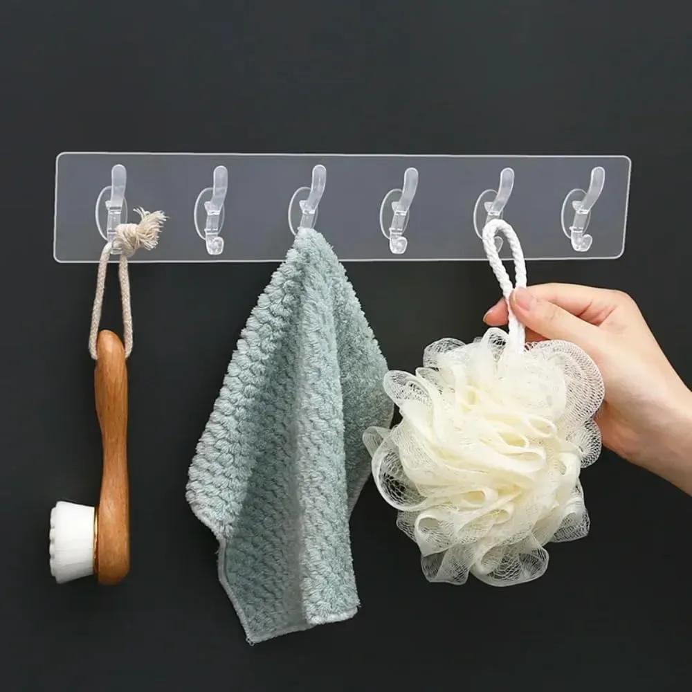 6-Hook Self-Adhesive Wall Mounted Organizer Rack – Waterproof Transparent Multi-Purpose Hanging Hooks for Bathroom, Kitchen & Home