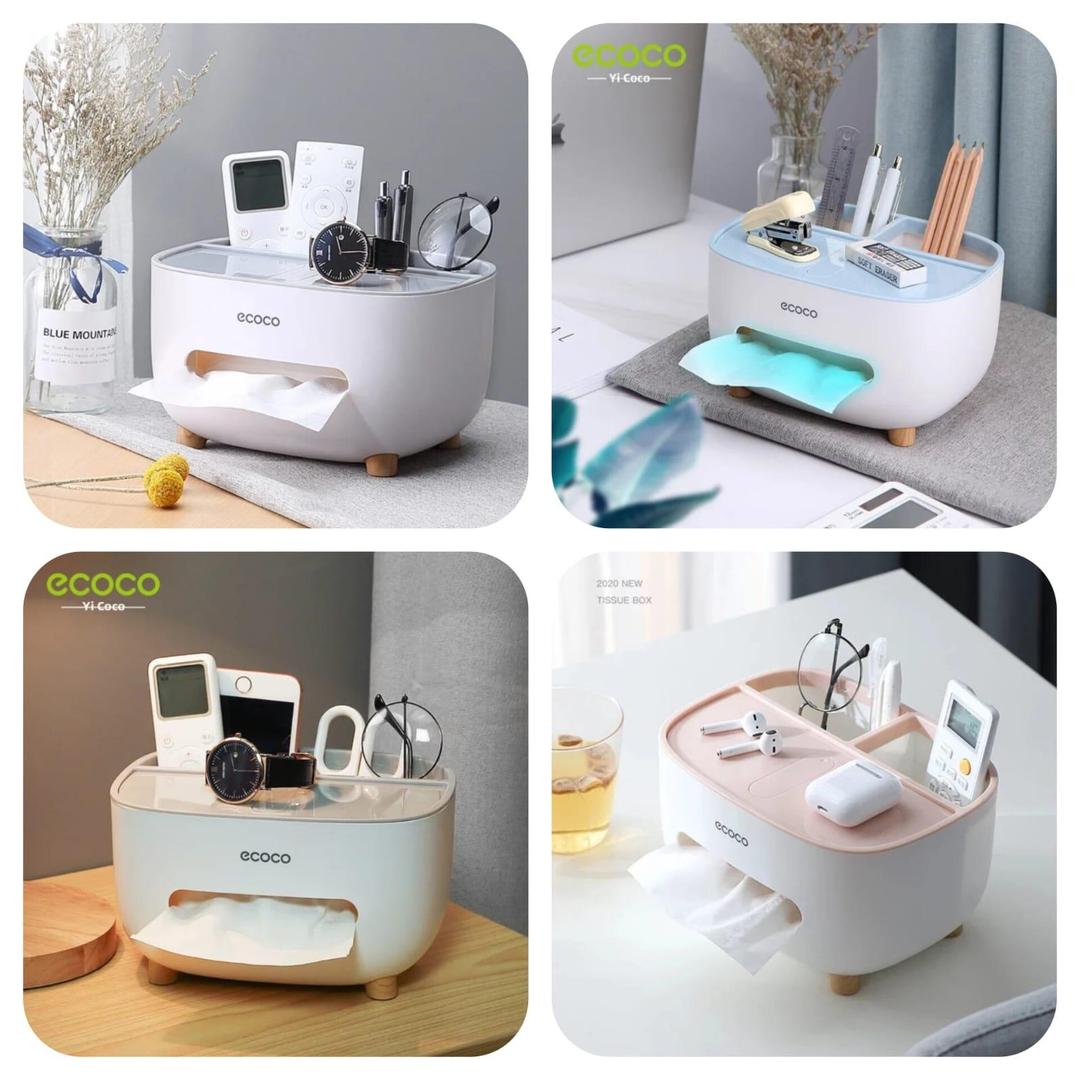 Ecoco Multipurpose Tissue Box Organizer with Storage Tray – ABS Plastic Desktop & Remote Control Holder (White)