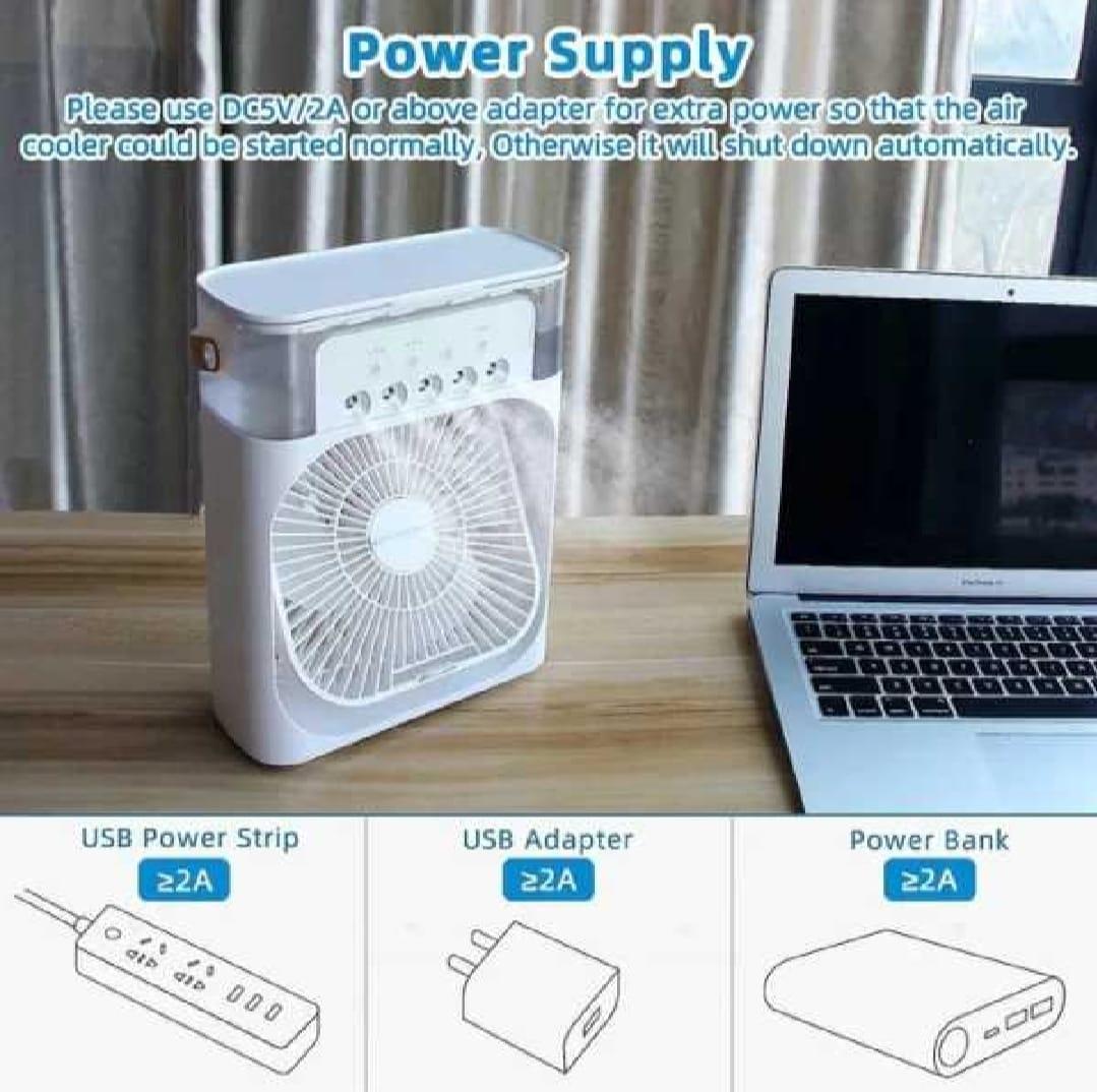 Portable USB Mini Air Cooler Fan – 3-Speed Personal Air Conditioner with Mist Humidifier & LED Light