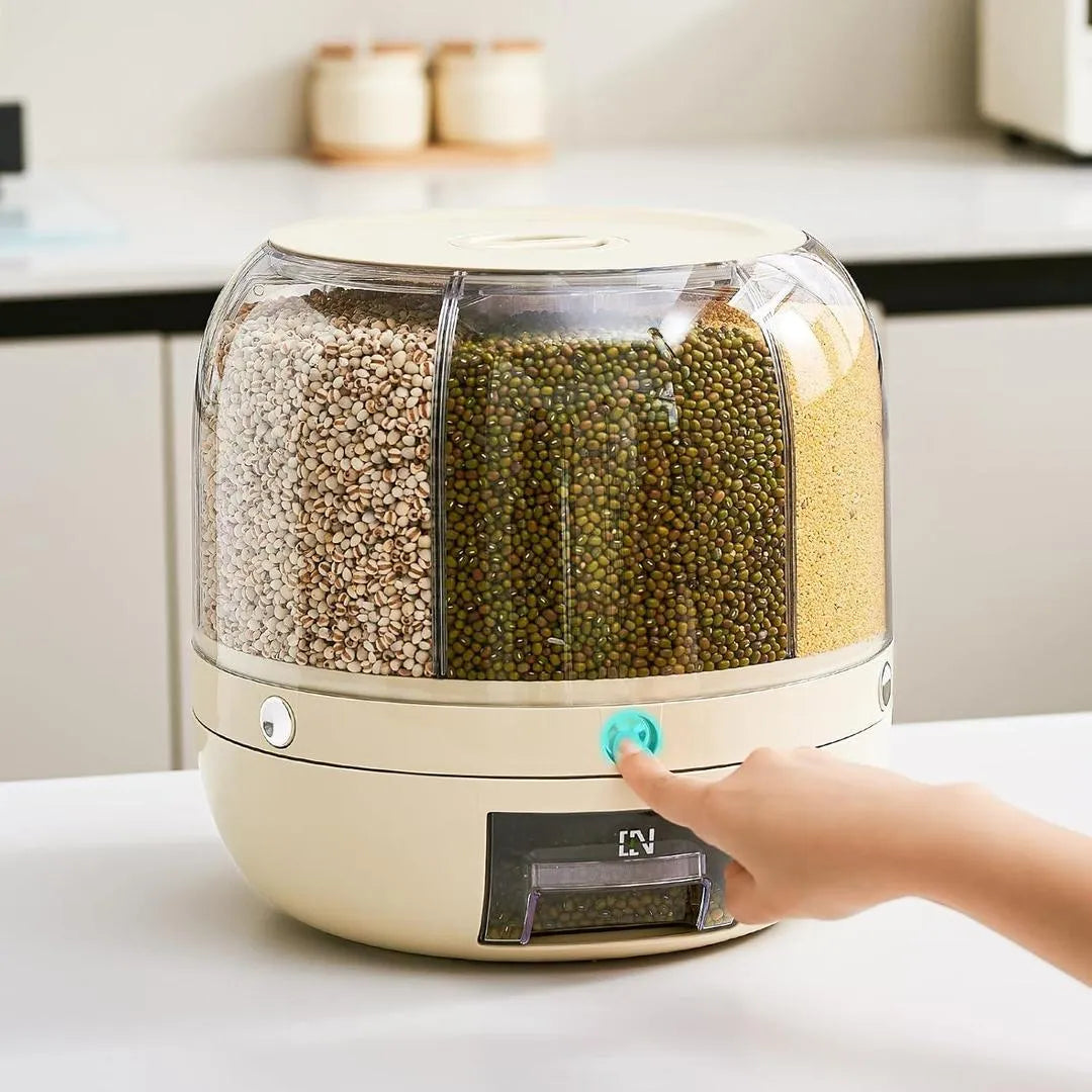 360° Rotating Multi-Grid Grain Storage Container – Airtight Cereal & Rice Dispenser with Easy Pull Drawer