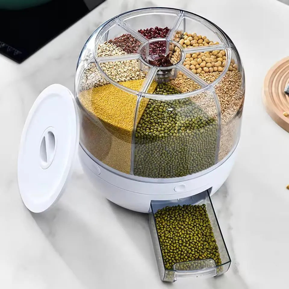 360° Rotating Multi-Grid Grain Storage Container – Airtight Cereal & Rice Dispenser with Easy Pull Drawer