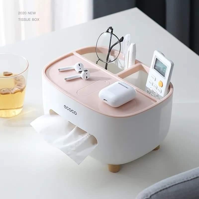 Ecoco Multipurpose Tissue Box Organizer with Storage Tray – ABS Plastic Desktop & Remote Control Holder (White)