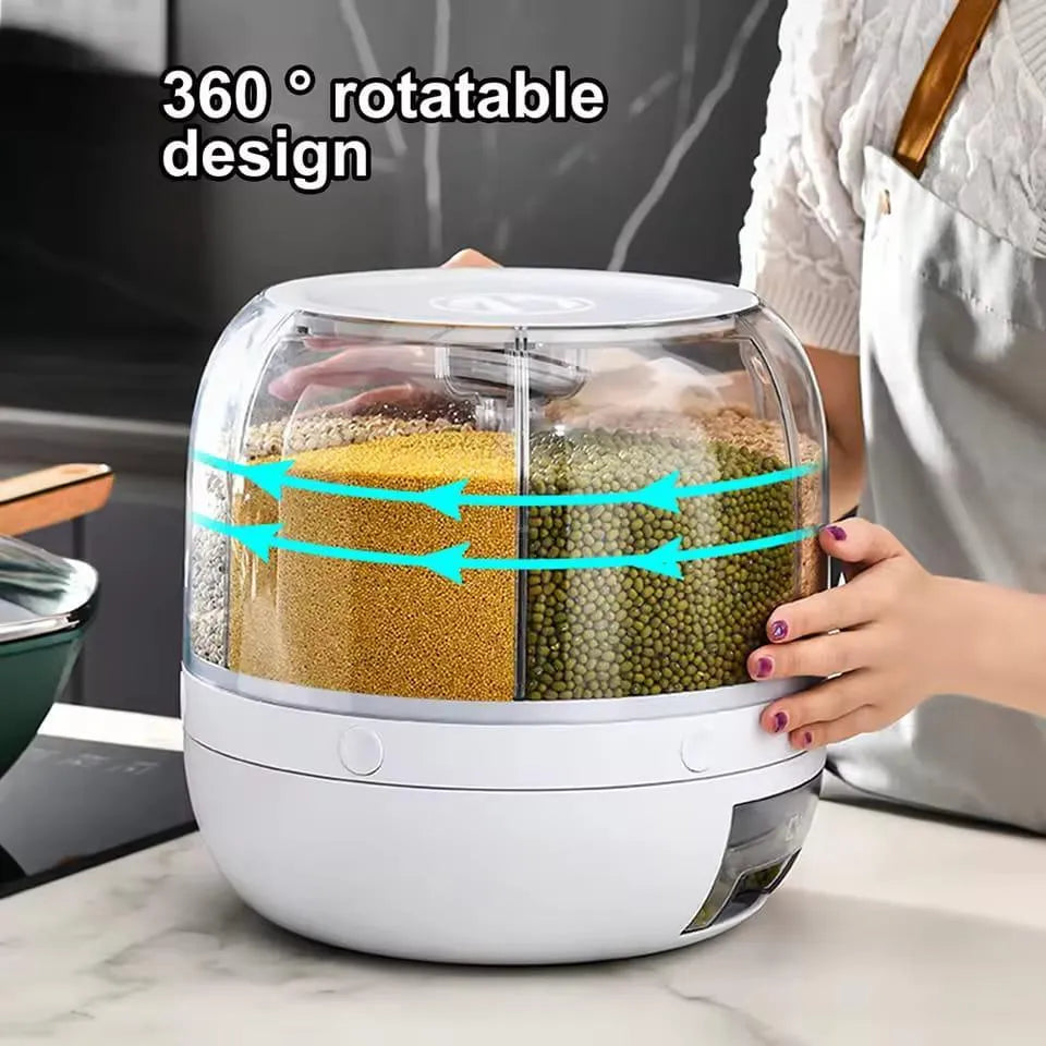 360° Rotating Multi-Grid Grain Storage Container – Airtight Cereal & Rice Dispenser with Easy Pull Drawer