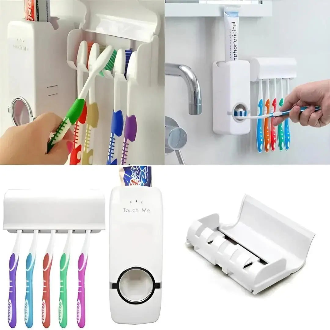 Wall Mounted Automatic Toothpaste Dispenser with 5-Slot Toothbrush Holder | No-Touch Bathroom Organizer