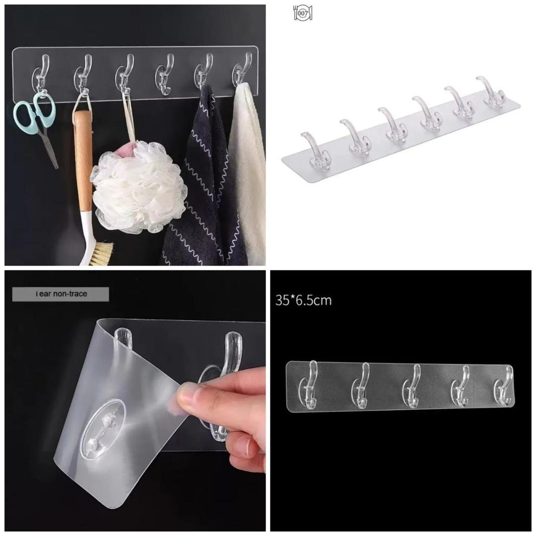 6-Hook Self-Adhesive Wall Mounted Organizer Rack – Waterproof Transparent Multi-Purpose Hanging Hooks for Bathroom, Kitchen & Home