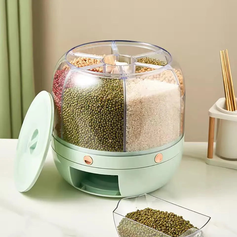 360° Rotating Multi-Grid Grain Storage Container – Airtight Cereal & Rice Dispenser with Easy Pull Drawer