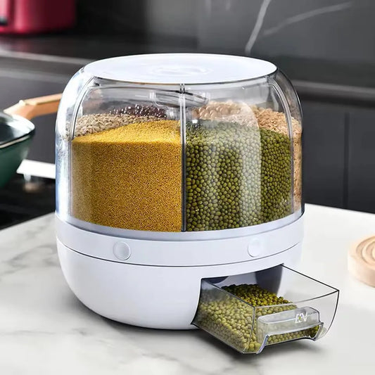 360° Rotating Multi-Grid Grain Storage Container – Airtight Cereal & Rice Dispenser with Easy Pull Drawer