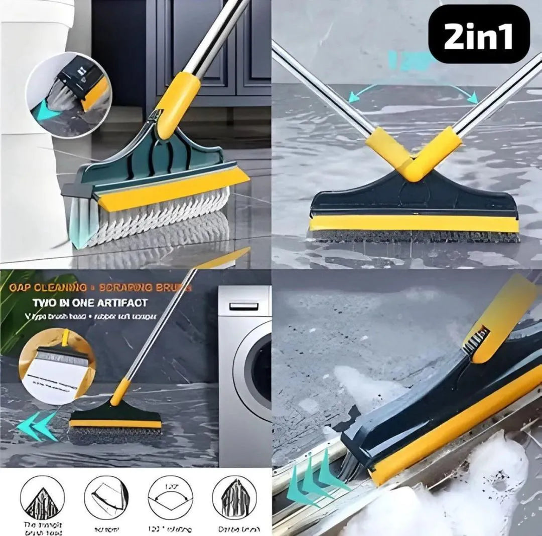 2-in-1 Floor Scrubber Wiper Brush with Long Handle – V-Shaped Cleaning Brush & Rubber Squeegee for Tiles, Marble, Bathroom & Kitchen Floors