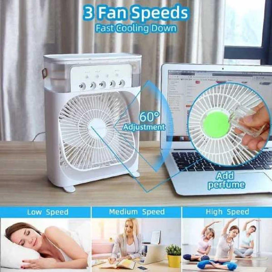 Portable USB Mini Air Cooler Fan – 3-Speed Personal Air Conditioner with Mist Humidifier & LED Light