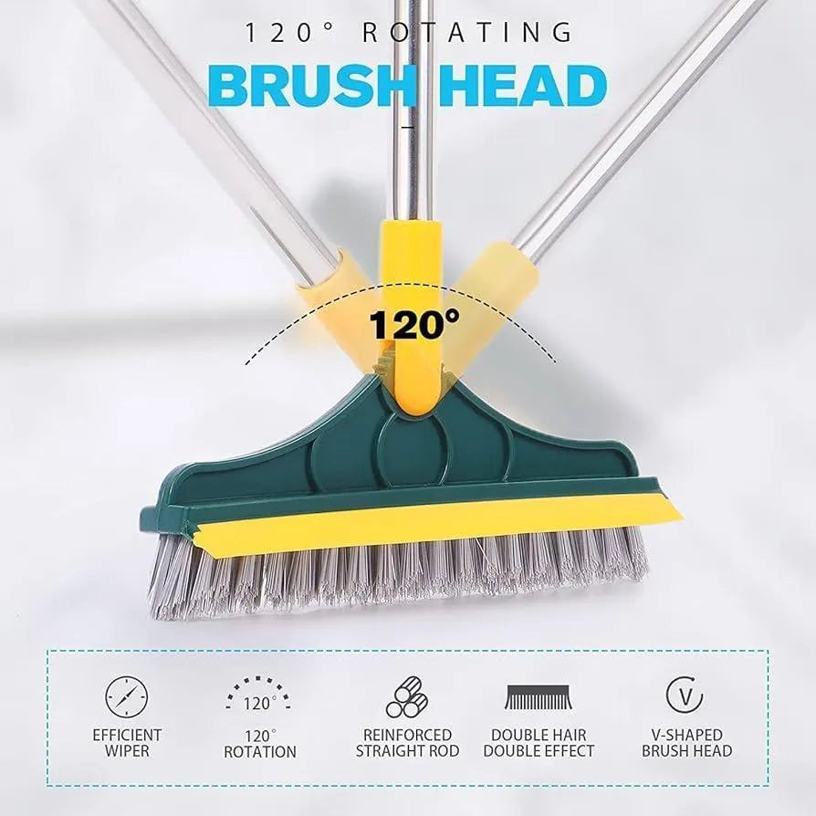 2-in-1 Floor Scrubber Wiper Brush with Long Handle – V-Shaped Cleaning Brush & Rubber Squeegee for Tiles, Marble, Bathroom & Kitchen Floors