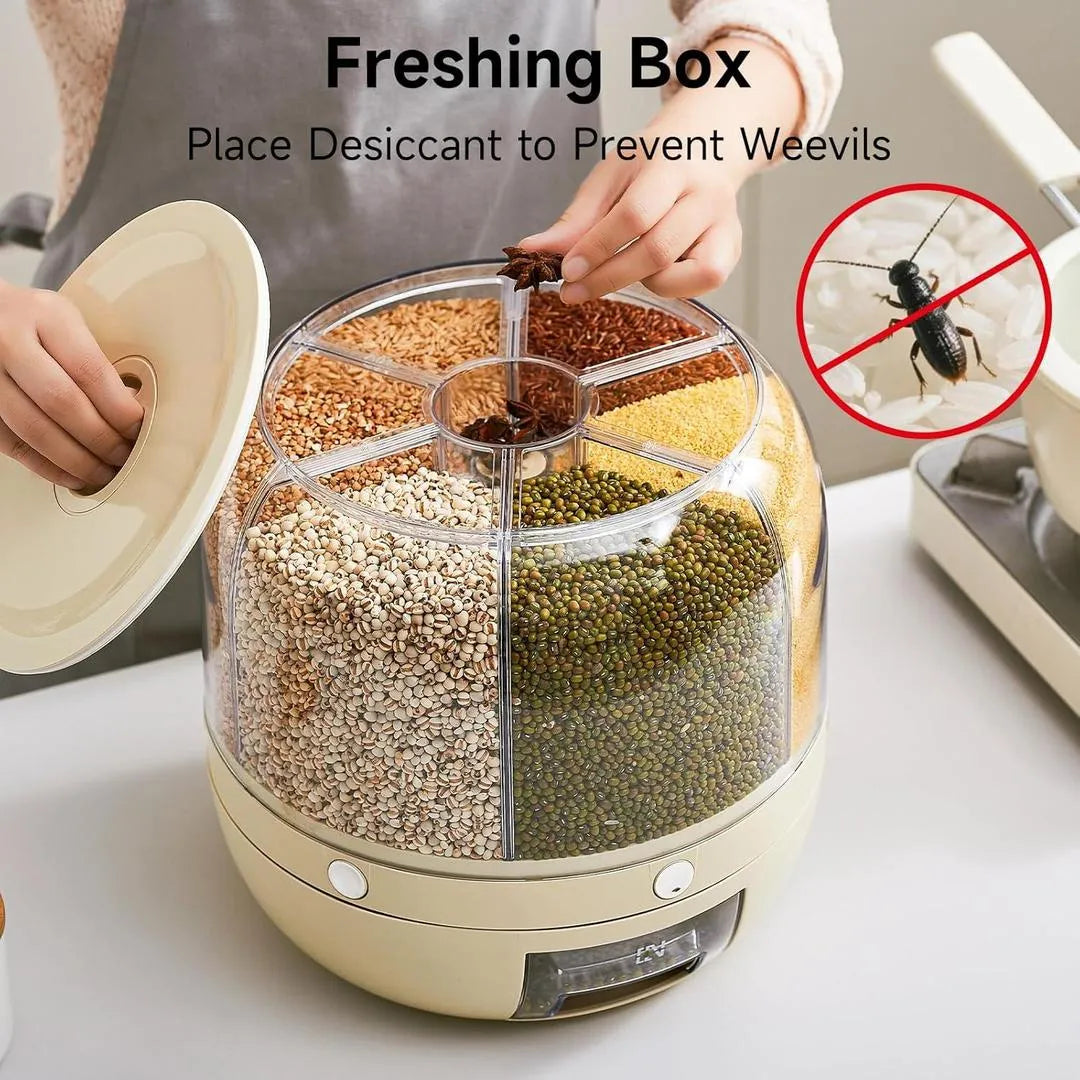 360° Rotating Multi-Grid Grain Storage Container – Airtight Cereal & Rice Dispenser with Easy Pull Drawer