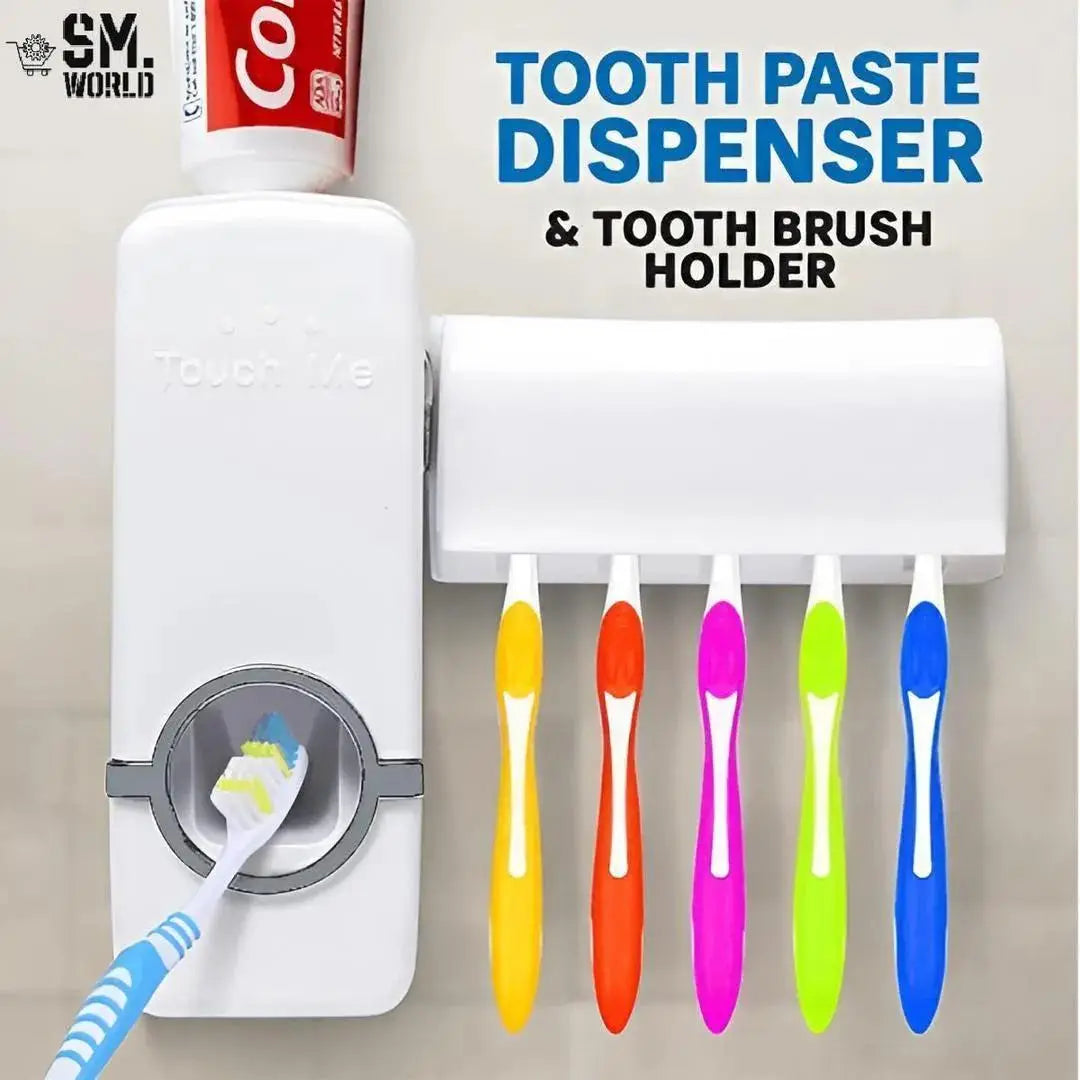Wall Mounted Automatic Toothpaste Dispenser with 5-Slot Toothbrush Holder | No-Touch Bathroom Organizer