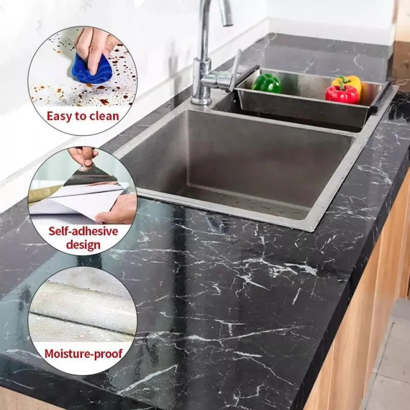 Self-Adhesive Marble Wallpaper Roll – Waterproof Kitchen Countertop & Cabinet Covering Sheet