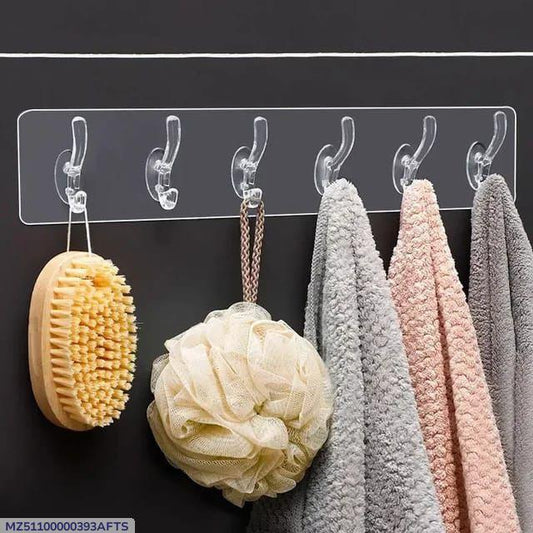 6-Hook Self-Adhesive Wall Mounted Organizer Rack – Waterproof Transparent Multi-Purpose Hanging Hooks for Bathroom, Kitchen & Home