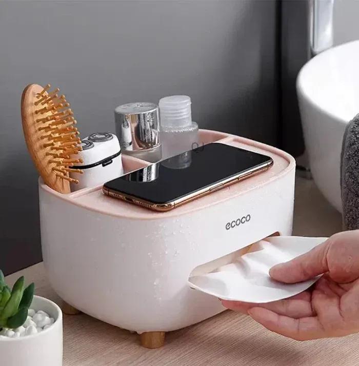 Ecoco Multipurpose Tissue Box Organizer with Storage Tray – ABS Plastic Desktop & Remote Control Holder (White)