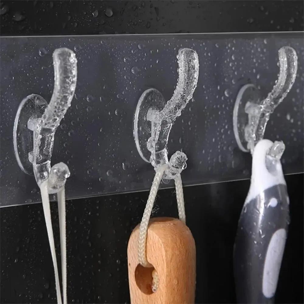 6-Hook Self-Adhesive Wall Mounted Organizer Rack – Waterproof Transparent Multi-Purpose Hanging Hooks for Bathroom, Kitchen & Home