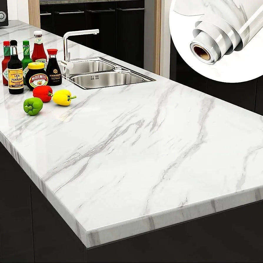 Self-Adhesive Marble Wallpaper Roll – Waterproof Kitchen Countertop & Cabinet Covering Sheet
