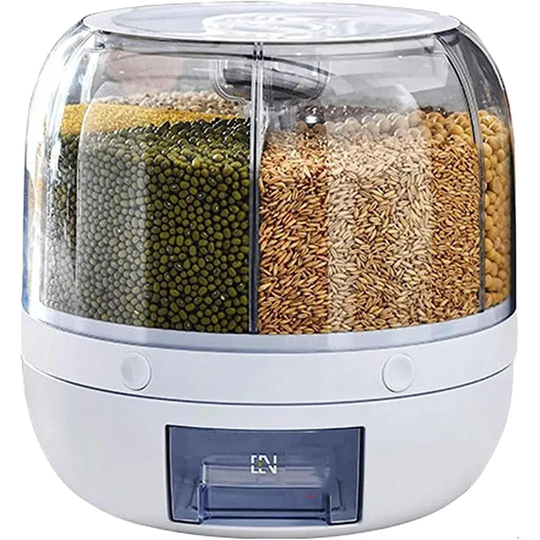 360° Rotating Multi-Grid Grain Storage Container – Airtight Cereal & Rice Dispenser with Easy Pull Drawer