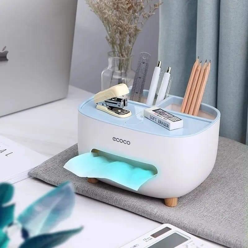 Ecoco Multipurpose Tissue Box Organizer with Storage Tray – ABS Plastic Desktop & Remote Control Holder (White)