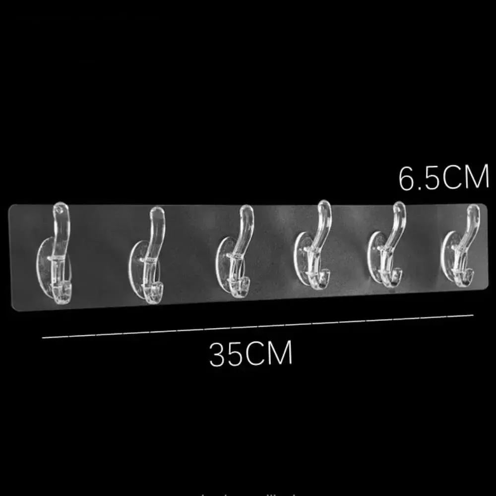 6-Hook Self-Adhesive Wall Mounted Organizer Rack – Waterproof Transparent Multi-Purpose Hanging Hooks for Bathroom, Kitchen & Home